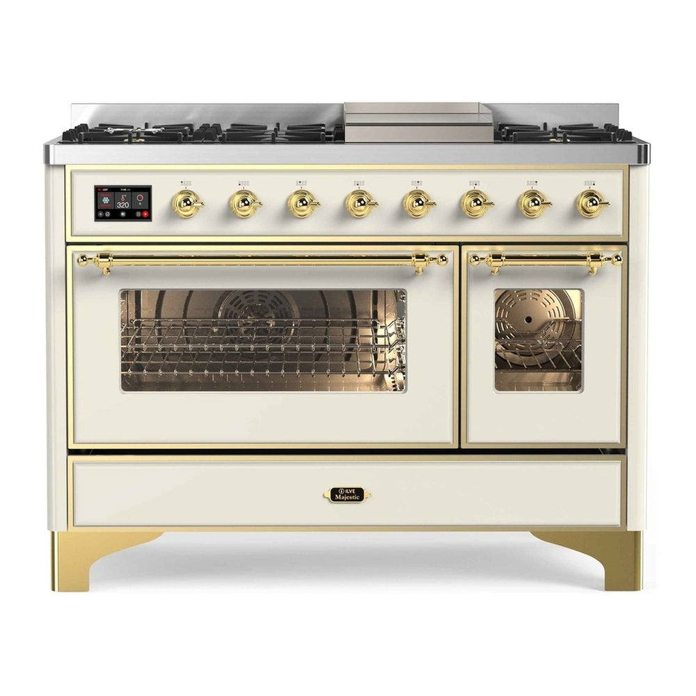 ILVE Majestic II 48" Antique White Dual Fuel Range with 8 Burners and Griddle Triple Glass Door Natural Gas
