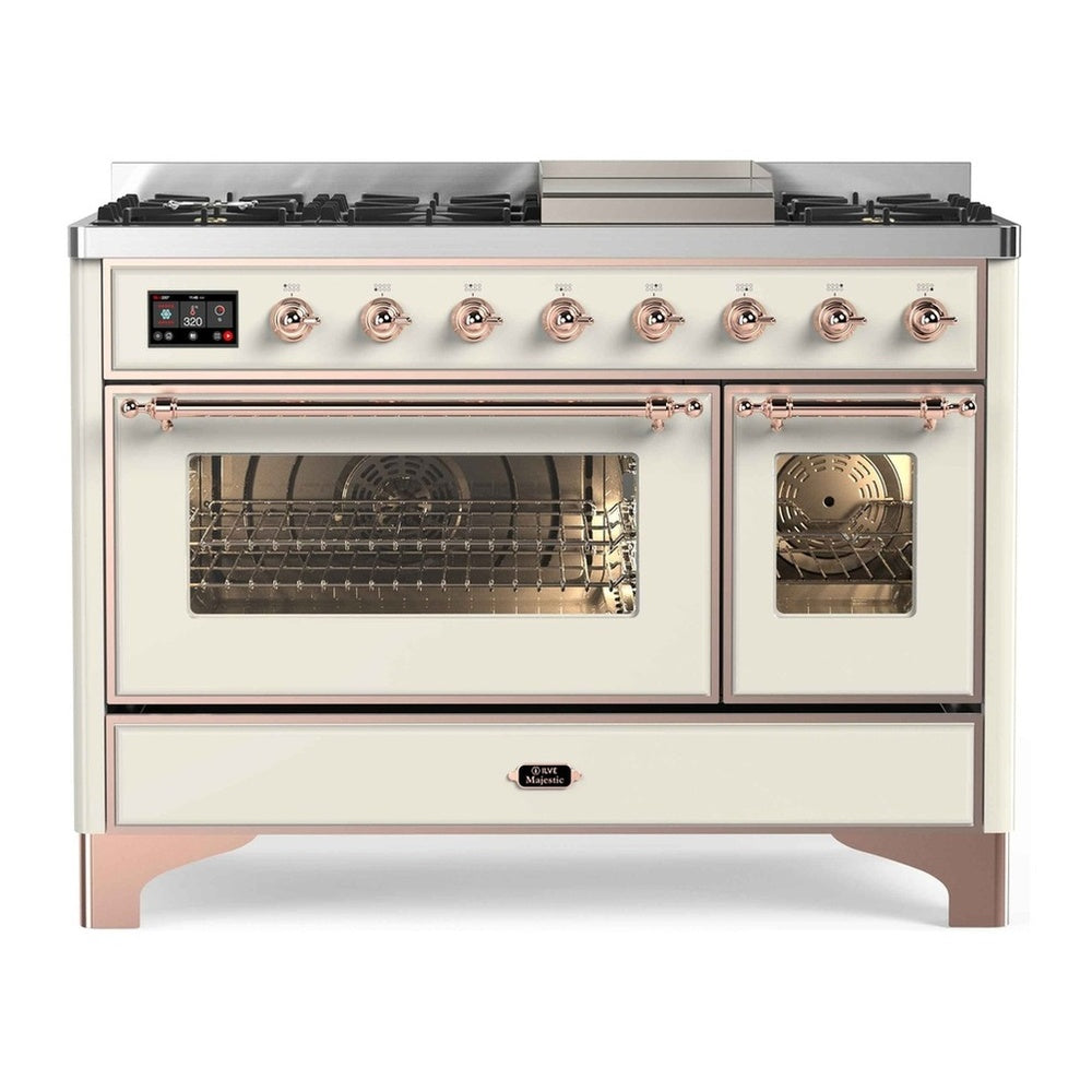 ILVE Majestic II 48" Antique White Dual Fuel Range with 8 Burners and Griddle Triple Glass Door Natural Gas