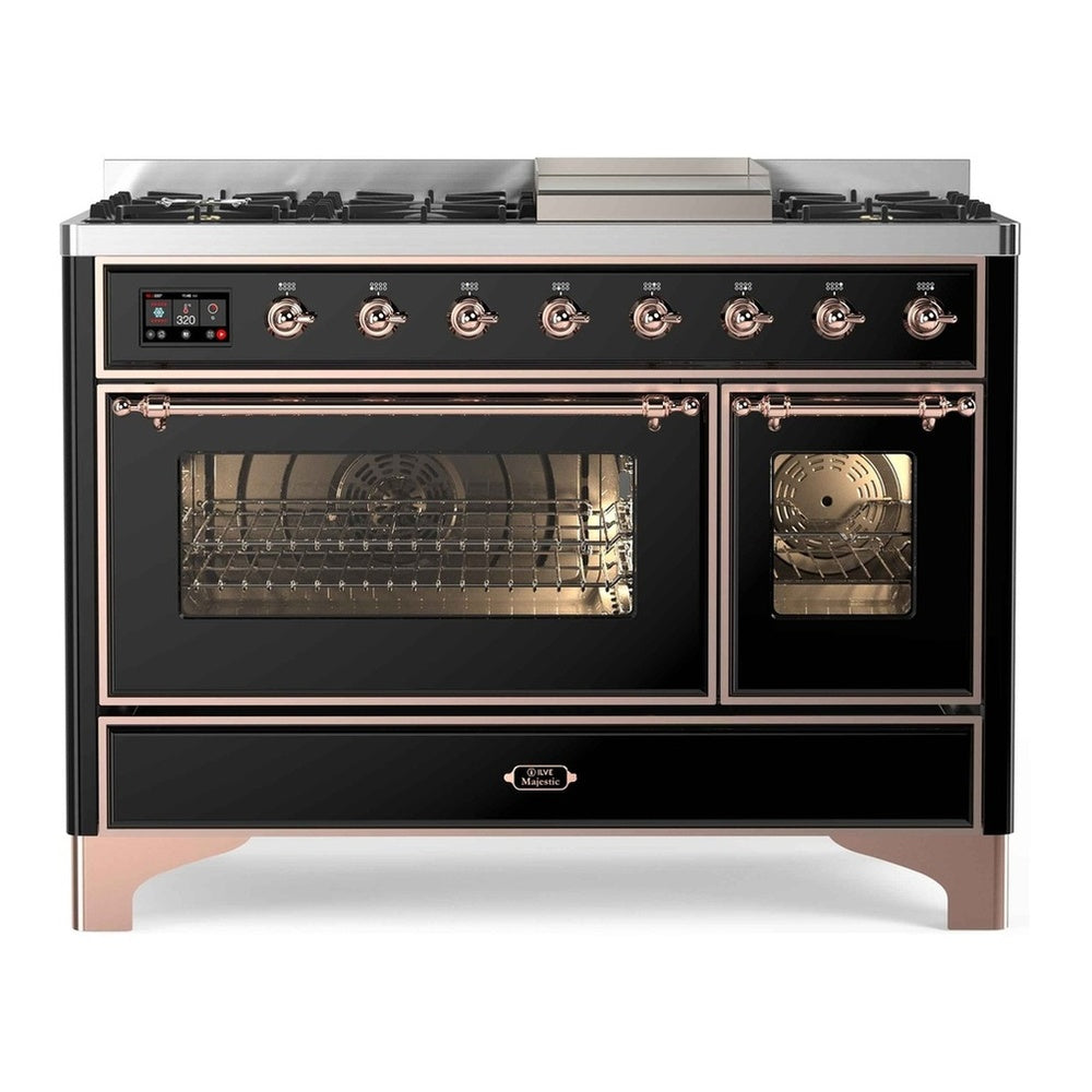 ILVE Majestic II 48" Glossy Black Dual Fuel Range with 8 Burners and Griddle Triple Glass Door Natural Gas