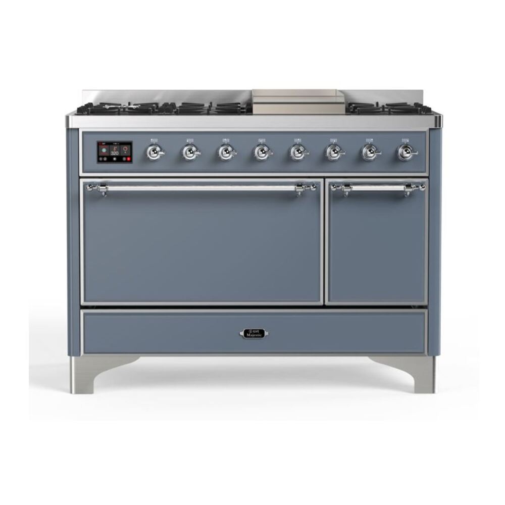 ILVE Majestic II 48" Blue Grey Dual Fuel Range with 8 Burners and Griddle Solid Door Natural Gas