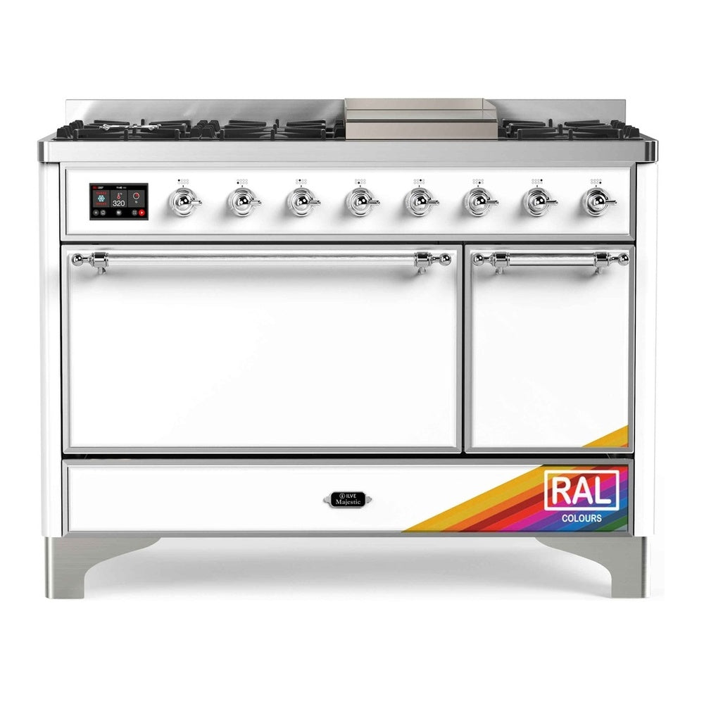 ILVE Majestic II 48" RAL Dual Fuel Range with 8 Burners and Griddle Solid Door Natural Gas