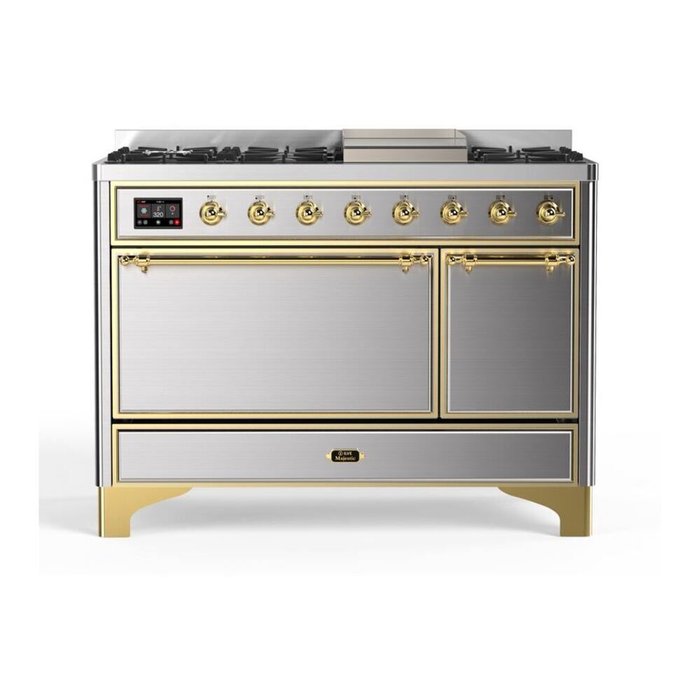 ILVE Majestic II 48" Stainless Steel Dual Fuel Range with 8 Burners and Griddle Solid Door Natural Gas