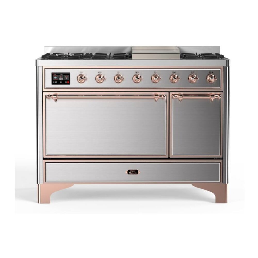 ILVE Majestic II 48" Stainless Steel Dual Fuel Range with 8 Burners and Griddle Solid Door Natural Gas