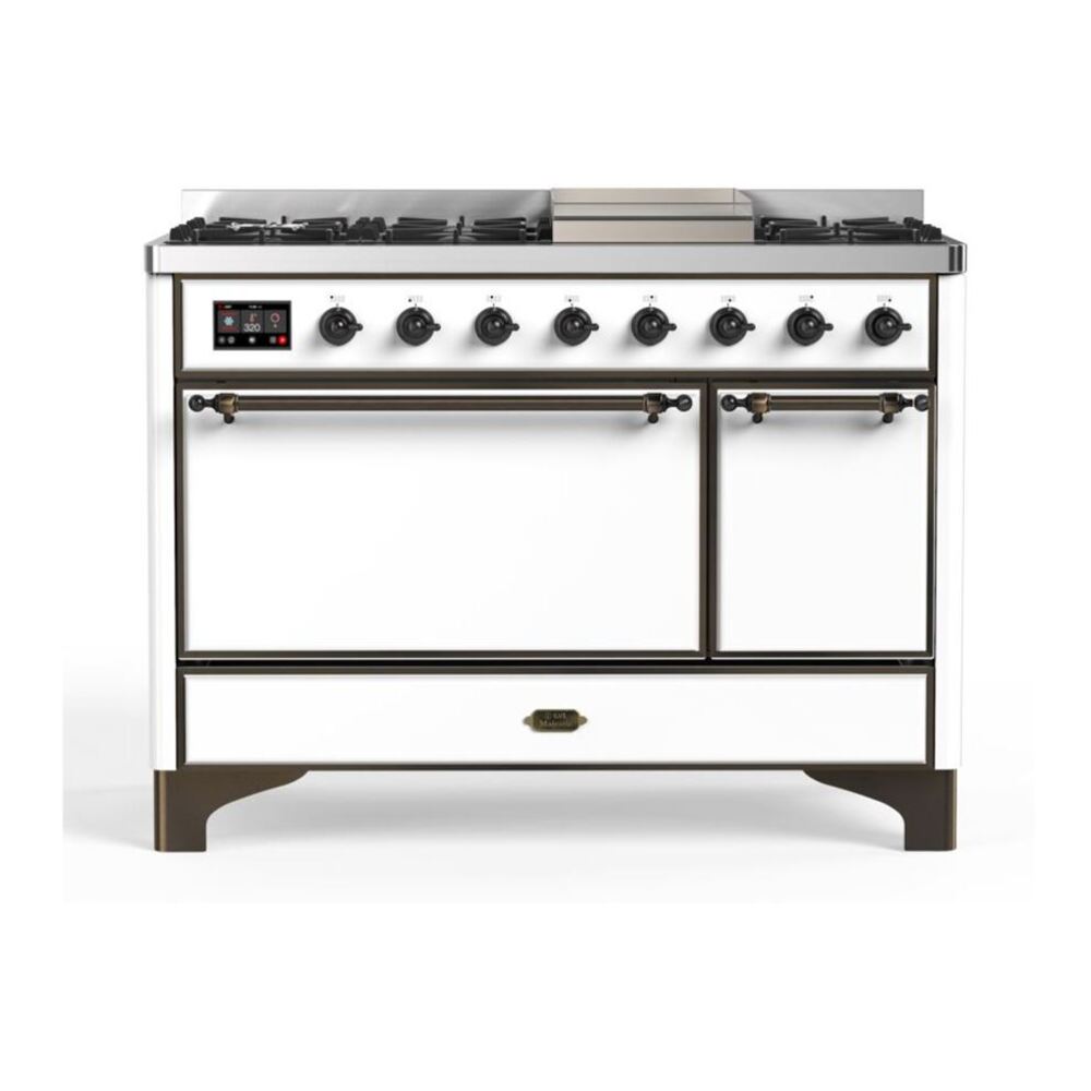 ILVE Majestic II 48" White Dual Fuel Range with 8 Burners and Griddle Solid Door Natural Gas