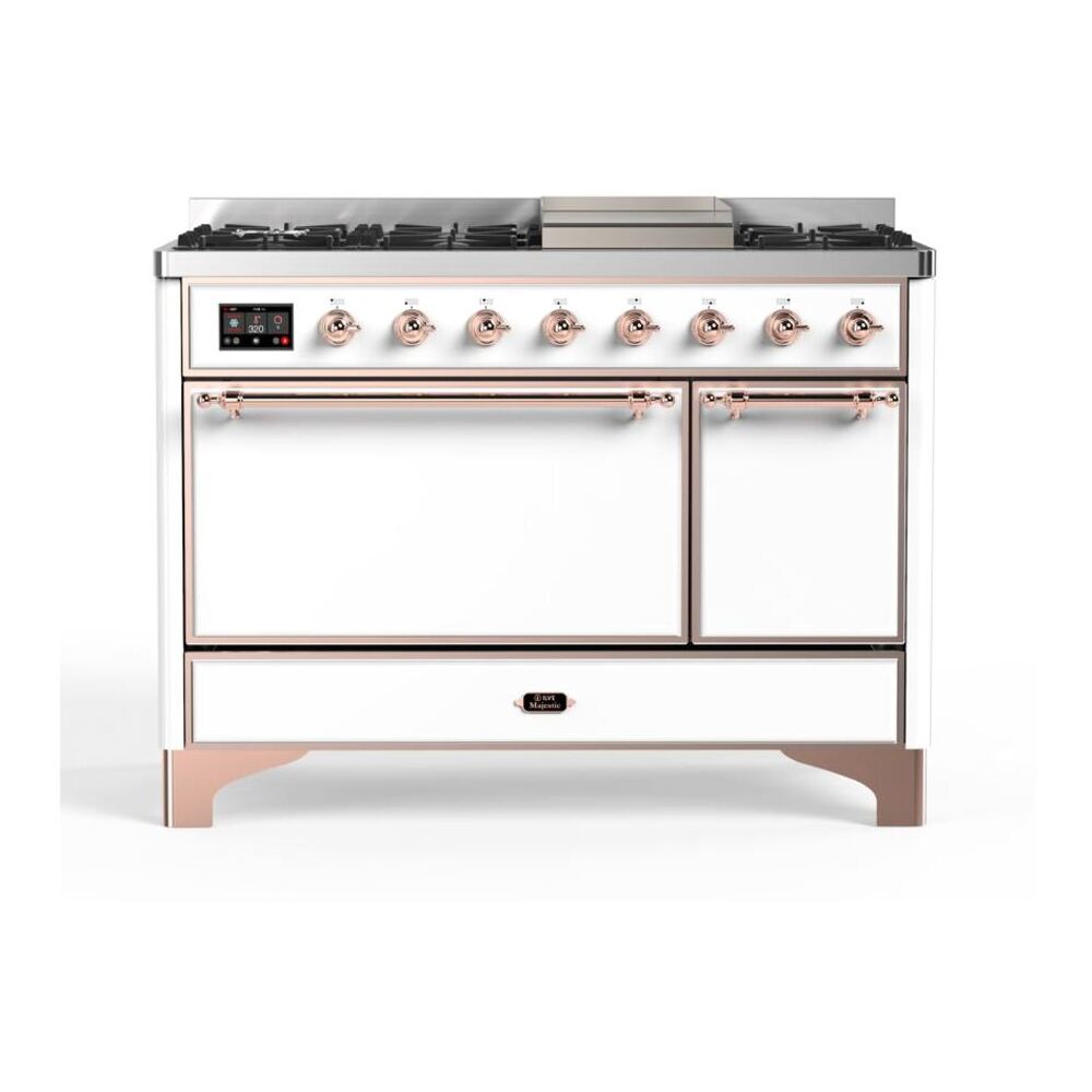 ILVE Majestic II 48" White Dual Fuel Range with 8 Burners and Griddle Solid Door Natural Gas