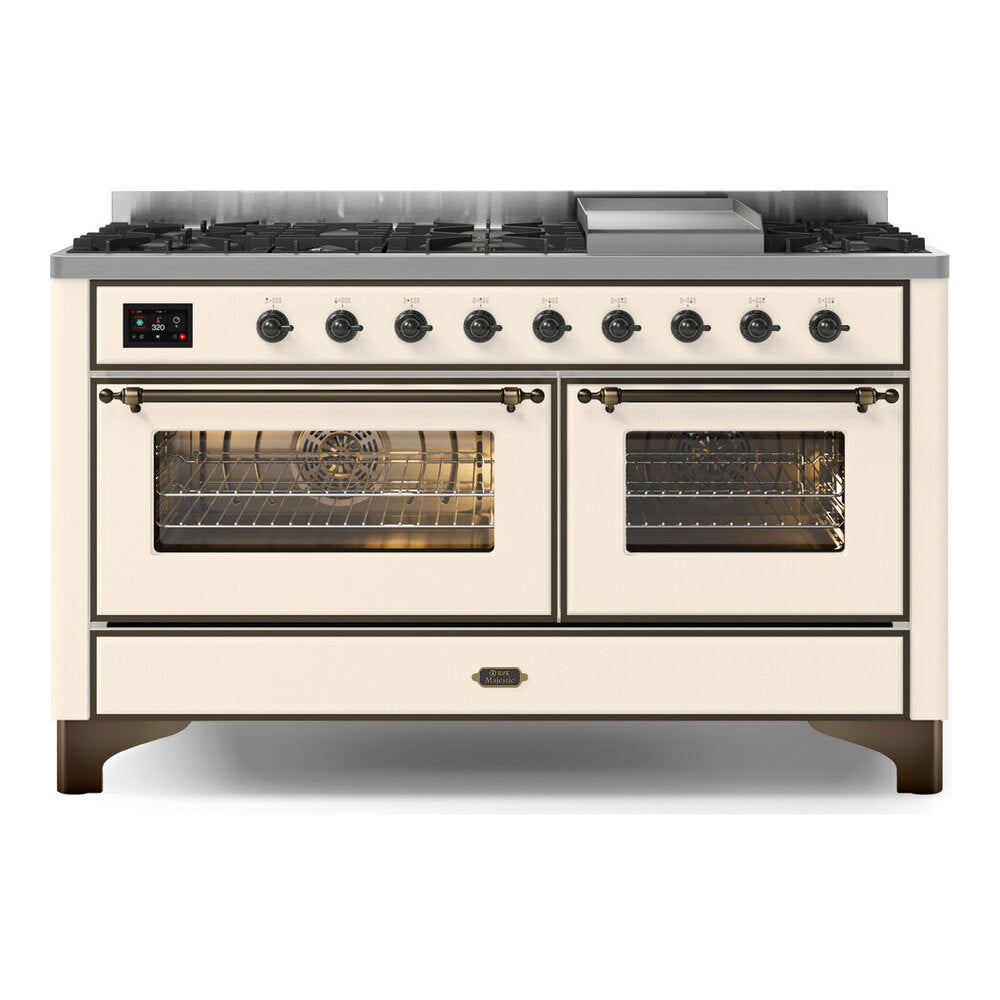 ILVE Majestic II 60" Antique White Dual Fuel Range with 9 Burners and Griddle Triple Glass Door Natural Gas