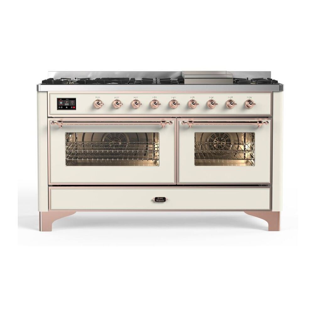 ILVE Majestic II 60" Antique White Dual Fuel Range with 9 Burners and Griddle Triple Glass Door Natural Gas