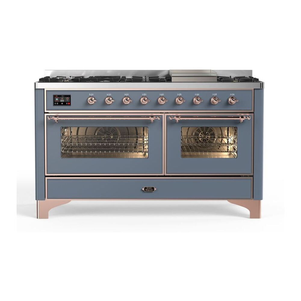 ILVE Majestic II 60" Blue Grey Dual Fuel Range with 9 Burners and Griddle Triple Glass Door Natural Gas