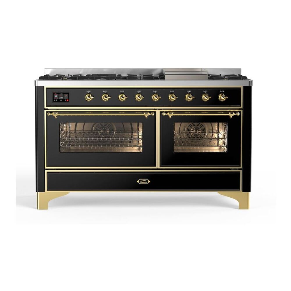 ILVE Majestic II 60" Glossy Black Dual Fuel Range with 9 Burners and Griddle Triple Glass Door Natural Gas