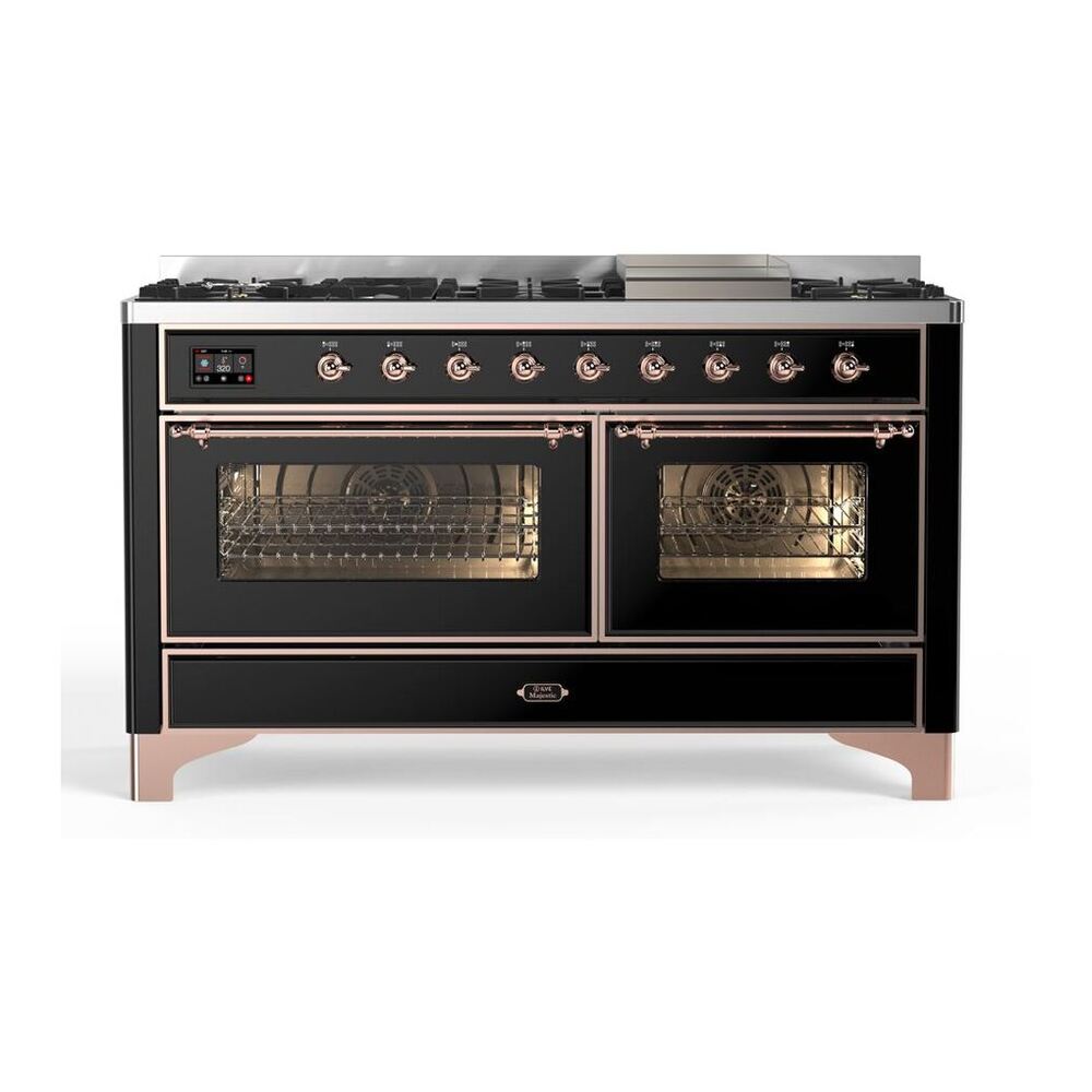 ILVE Majestic II 60" Glossy Black Dual Fuel Range with 9 Burners and Griddle Triple Glass Door Natural Gas