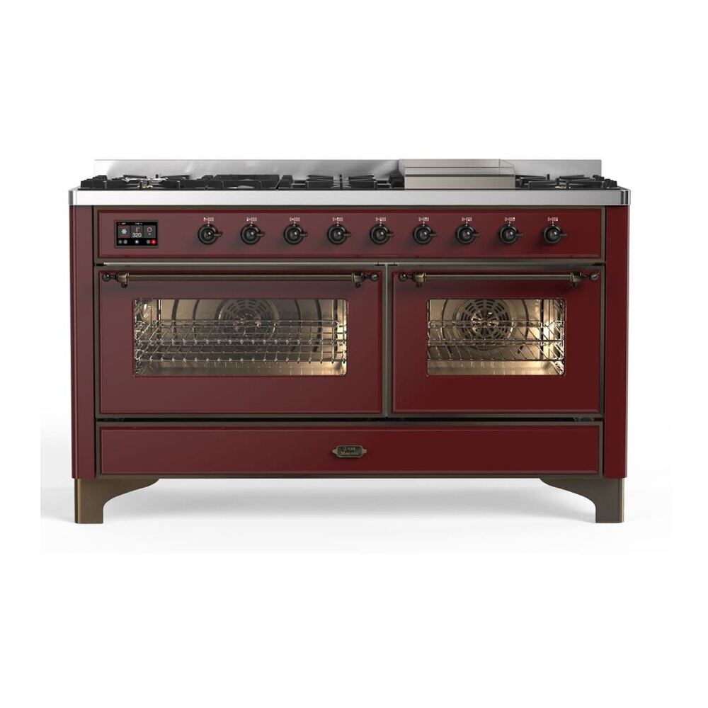 ILVE Majestic II 60" Burgundy Dual Fuel Range with 9 Burners and Griddle Triple Glass Door Natural Gas