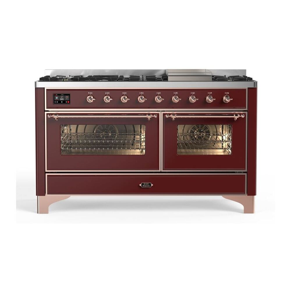 ILVE Majestic II 60" Burgundy Dual Fuel Range with 9 Burners and Griddle Triple Glass Door Natural Gas