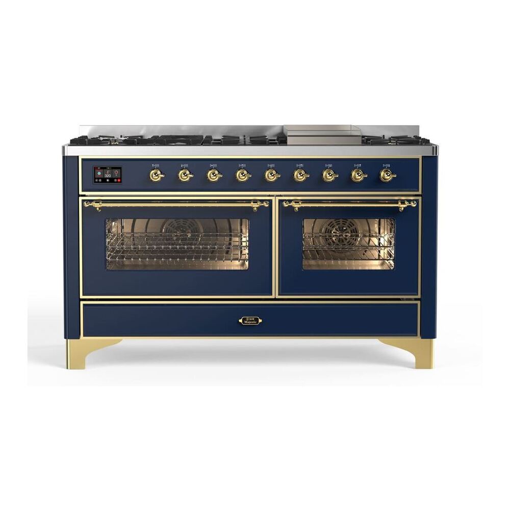 ILVE Majestic II 60" Midnight Blue Dual Fuel Range with 9 Burners and Griddle Triple Glass Door Natural Gas