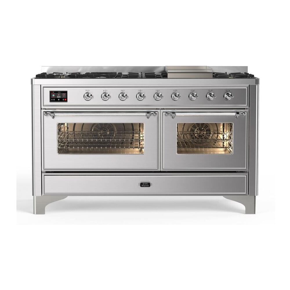 ILVE Majestic II 60" Stainless Steel Dual Fuel Range with 9 Burners and Griddle Triple Glass Door Natural Gas