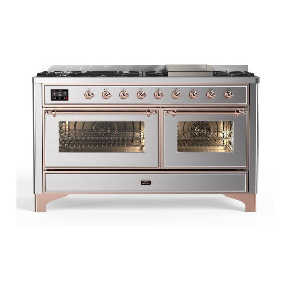 ILVE Majestic II 60" Stainless Steel Dual Fuel Range with 9 Burners and Griddle Triple Glass Door Natural Gas