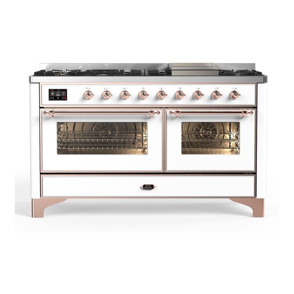 ILVE Majestic II 60" White Dual Fuel Range with 9 Burners and Griddle Triple Glass Door Natural Gas