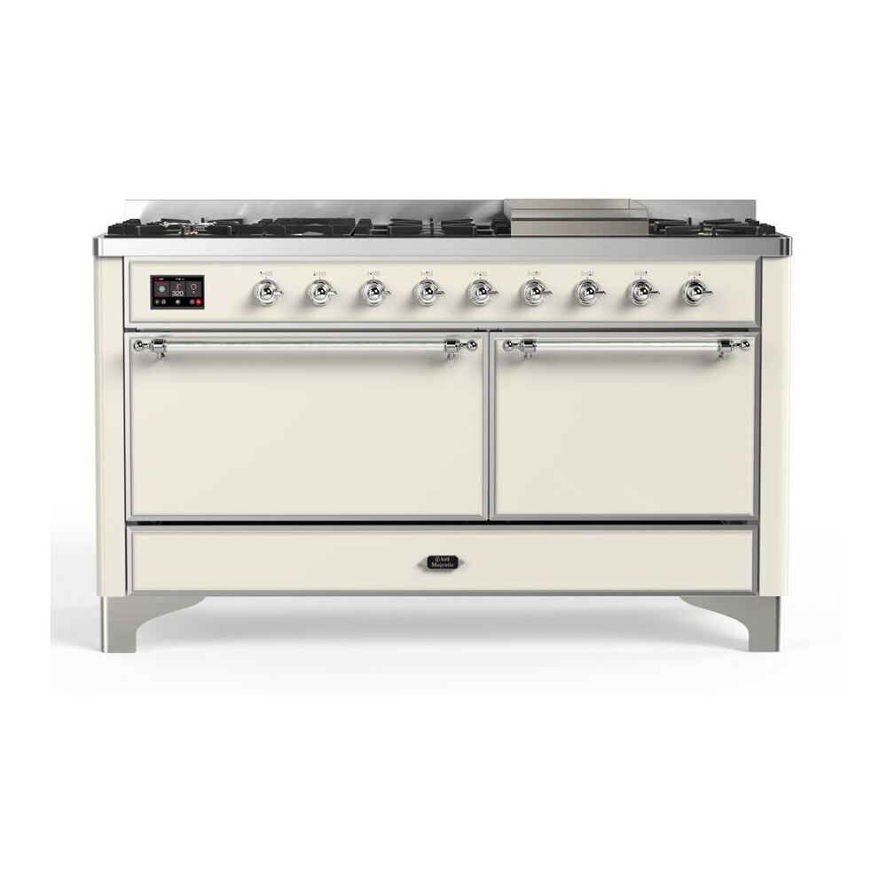 ILVE Majestic II 60" Antique White Dual Fuel Range with 9 Burners and Griddle Solid Door Natural Gas