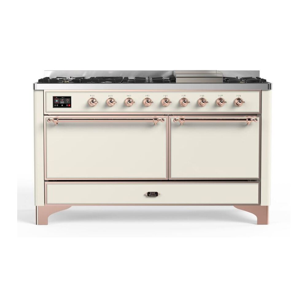 ILVE Majestic II 60" Antique White Dual Fuel Range with 9 Burners and Griddle Solid Door Natural Gas