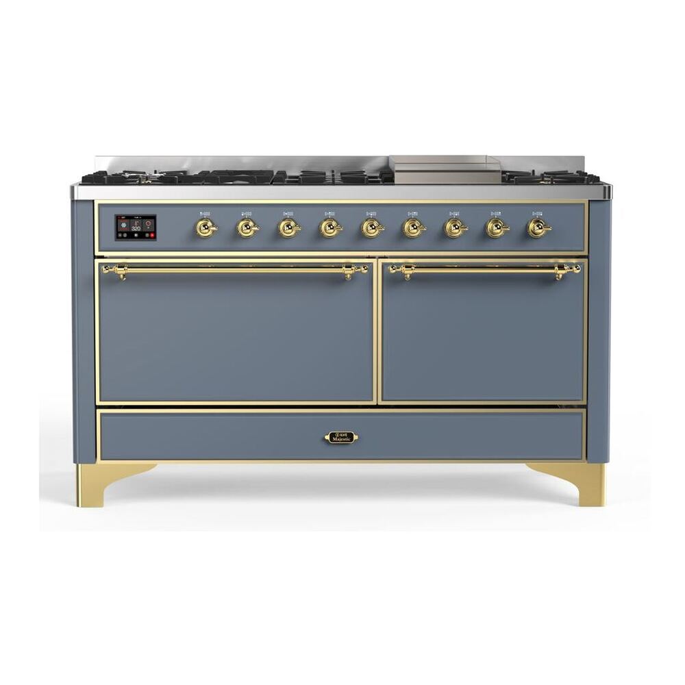 ILVE Majestic II 60" Blue Grey Dual Fuel Range with 9 Burners and Griddle Solid Door Natural Gas
