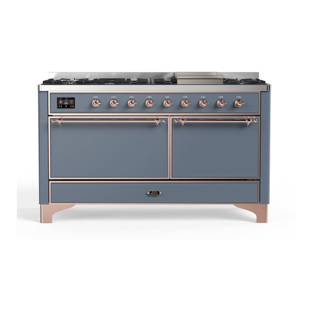ILVE Majestic II 60" Blue Grey Dual Fuel Range with 9 Burners and Griddle Solid Door Natural Gas