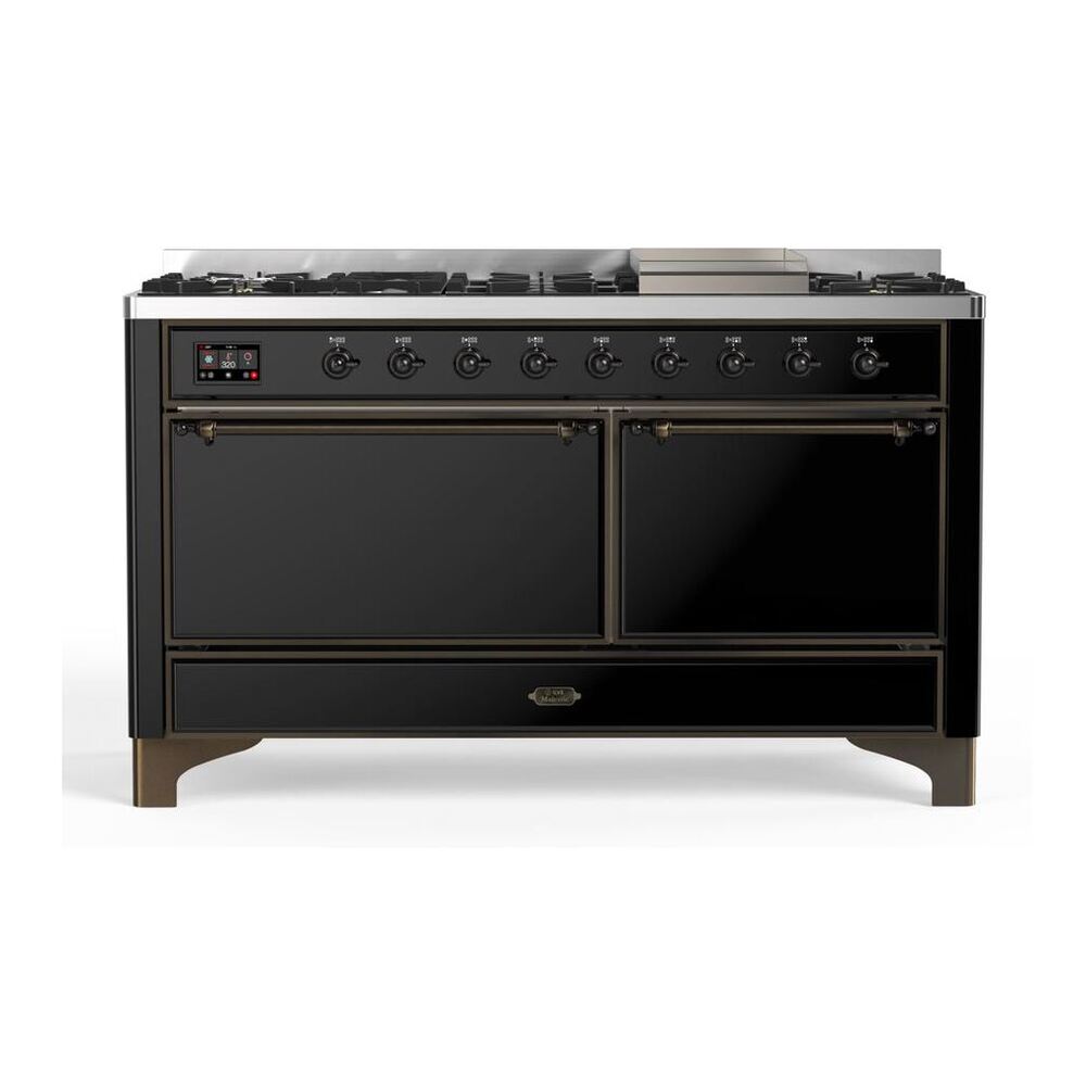 ILVE Majestic II 60" Glossy Black Dual Fuel Range with 9 Burners and Griddle Solid Door Natural Gas