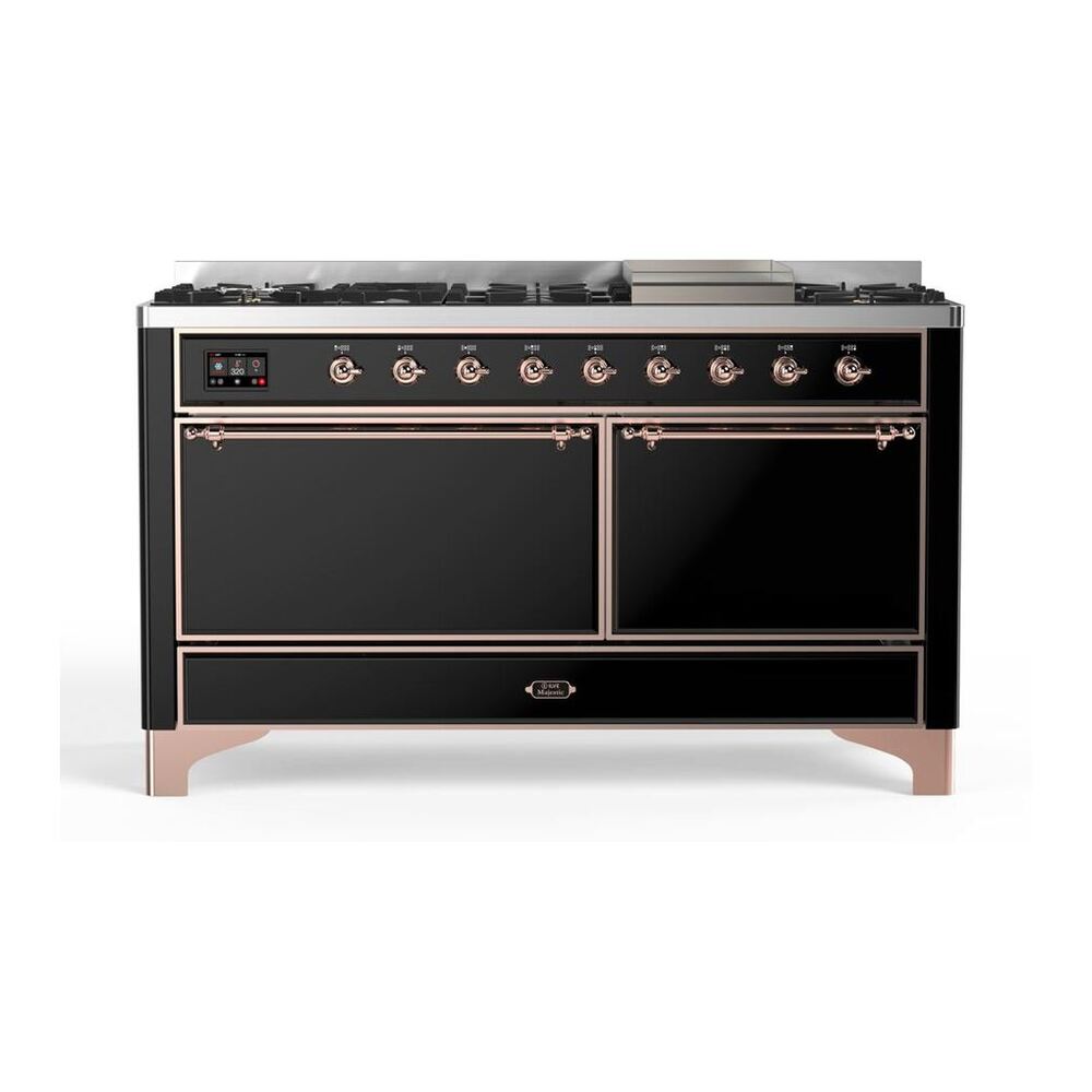 ILVE Majestic II 60" Glossy Black Dual Fuel Range with 9 Burners and Griddle Solid Door Natural Gas
