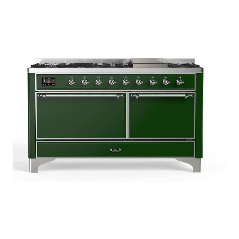 ILVE Majestic II 60" Emerald Green Dual Fuel Range with 9 Burners and Griddle Solid Door Natural Gas