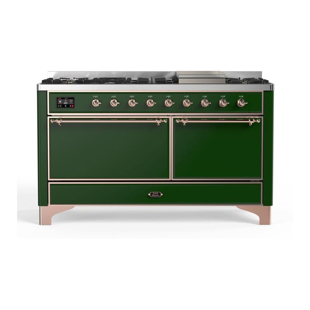 ILVE Majestic II 60" Emerald Green Dual Fuel Range with 9 Burners and Griddle Solid Door Natural Gas