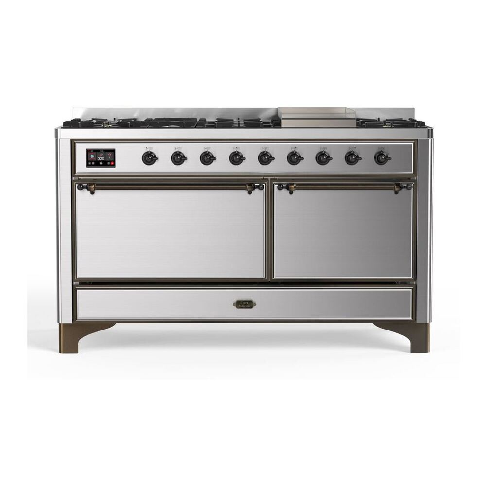 ILVE Majestic II 60" Stainless Steel Dual Fuel Range with 9 Burners and Griddle Solid Door Natural Gas