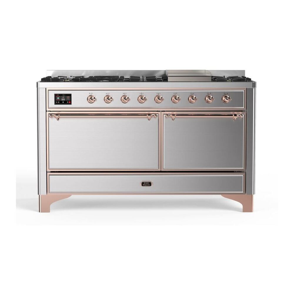 ILVE Majestic II 60" Stainless Steel Dual Fuel Range with 9 Burners and Griddle Solid Door Natural Gas
