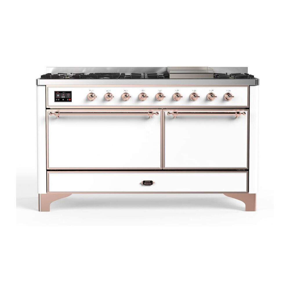 ILVE Majestic II 60" White Dual Fuel Range with 9 Burners and Griddle Solid Door Natural Gas