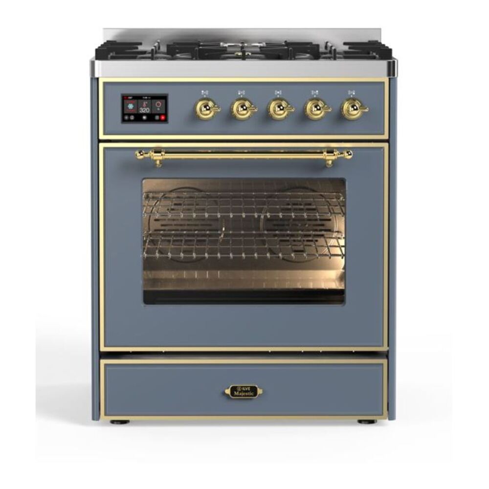 ILVE Majestic II 30" Blue Grey Dual Fuel Range with 5 Burners Triple Glass Door Natural Gas