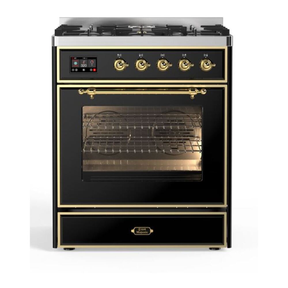 ILVE Majestic II 30" Glossy Black Dual Fuel Range with 5 Burners Triple Glass Door Natural Gas