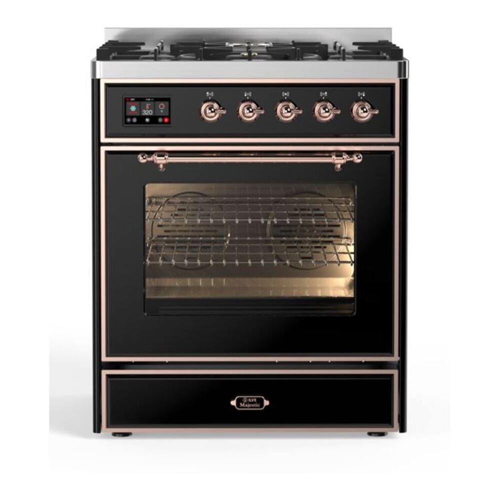 ILVE Majestic II 30" Glossy Black Dual Fuel Range with 5 Burners Triple Glass Door Natural Gas