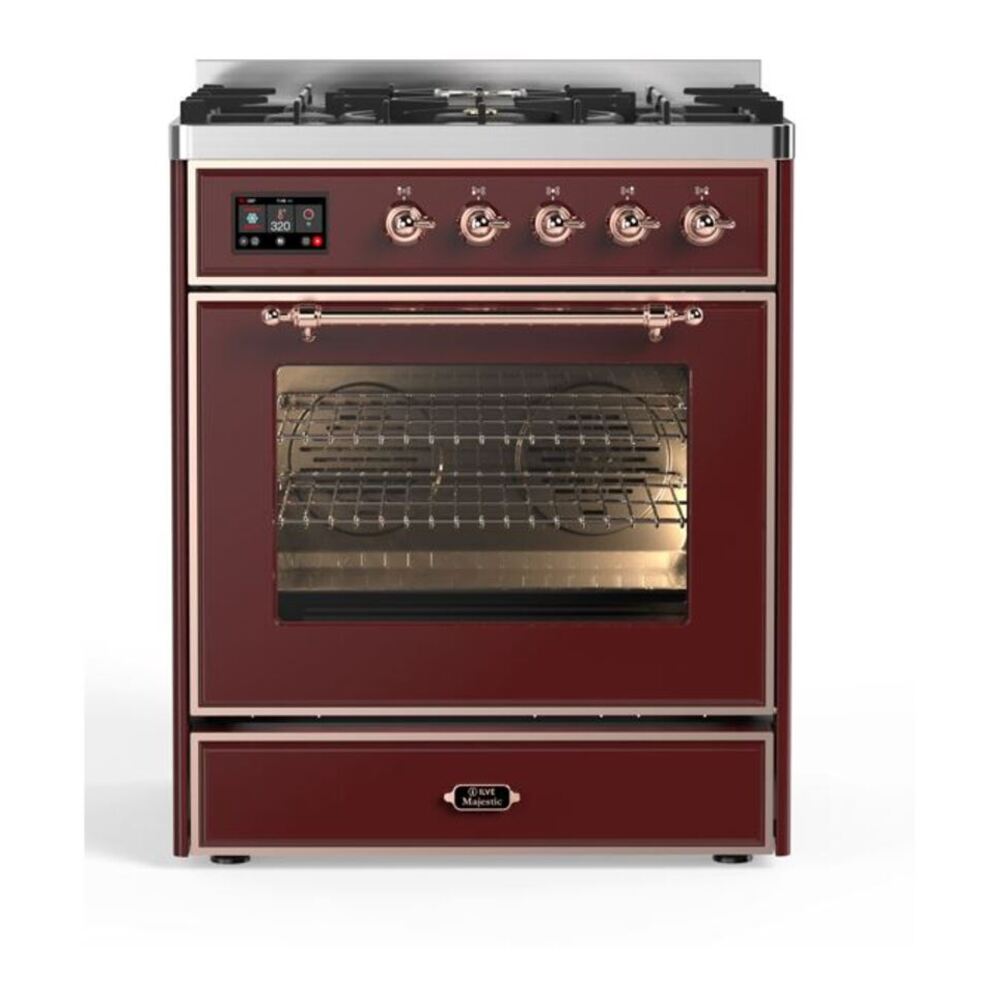 ILVE Majestic II 30" Burgundy Dual Fuel Range with 5 Burners Triple Glass Door Natural Gas