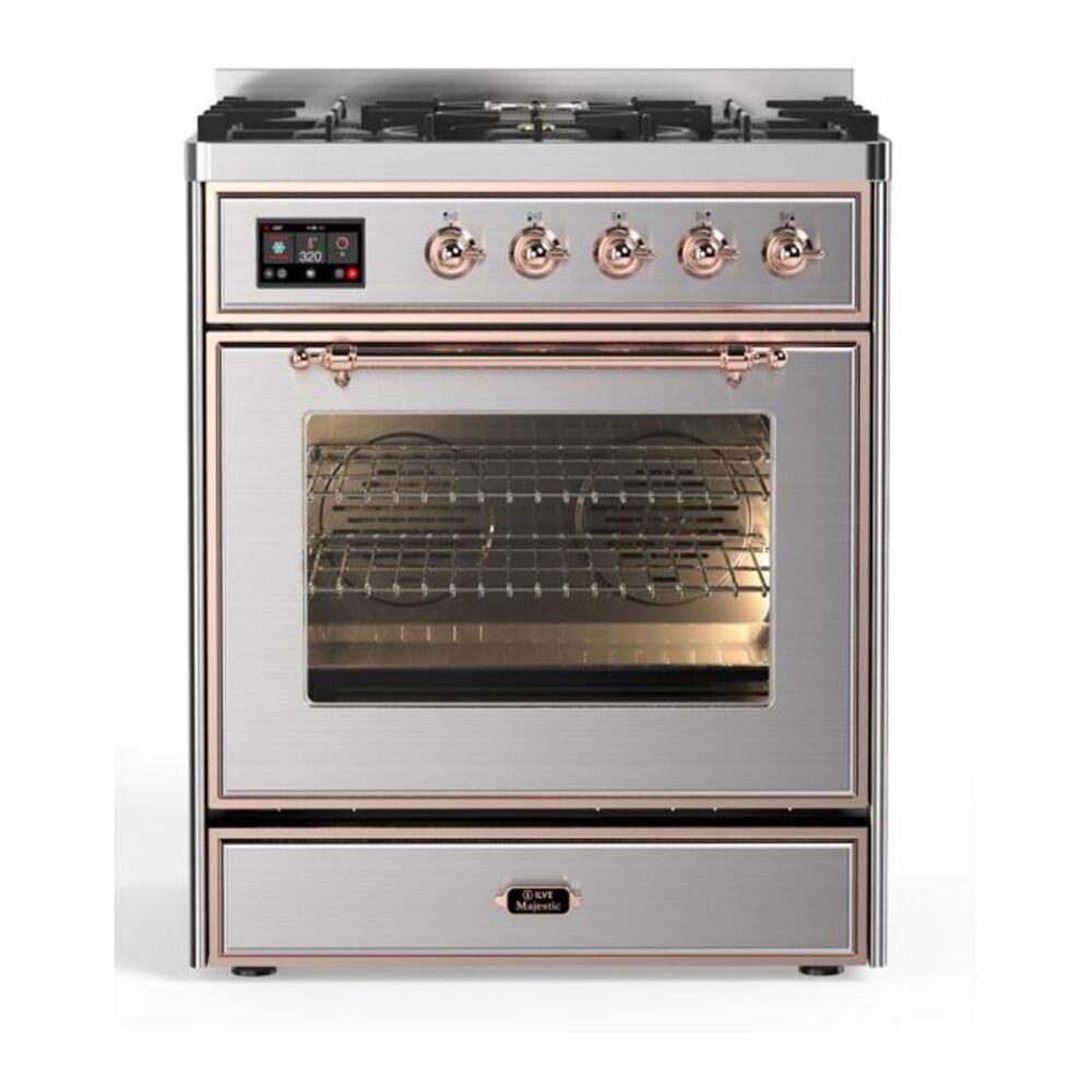 ILVE Majestic II 30" Stainless Steel Dual Fuel Range with 5 Burners Triple Glass Door Natural Gas