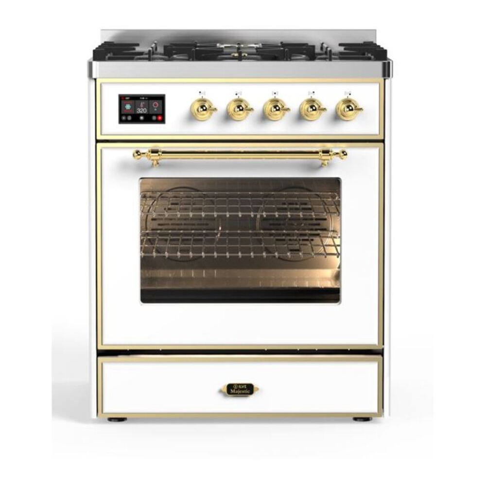 ILVE Majestic II 30" White Dual Fuel Range with 5 Burners Triple Glass Door Natural Gas