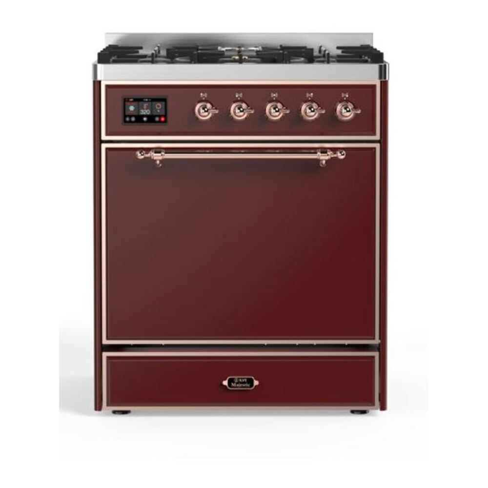 ILVE Majestic II 30" Burgundy Dual Fuel Range with 5 Burners Solid Door Natural Gas