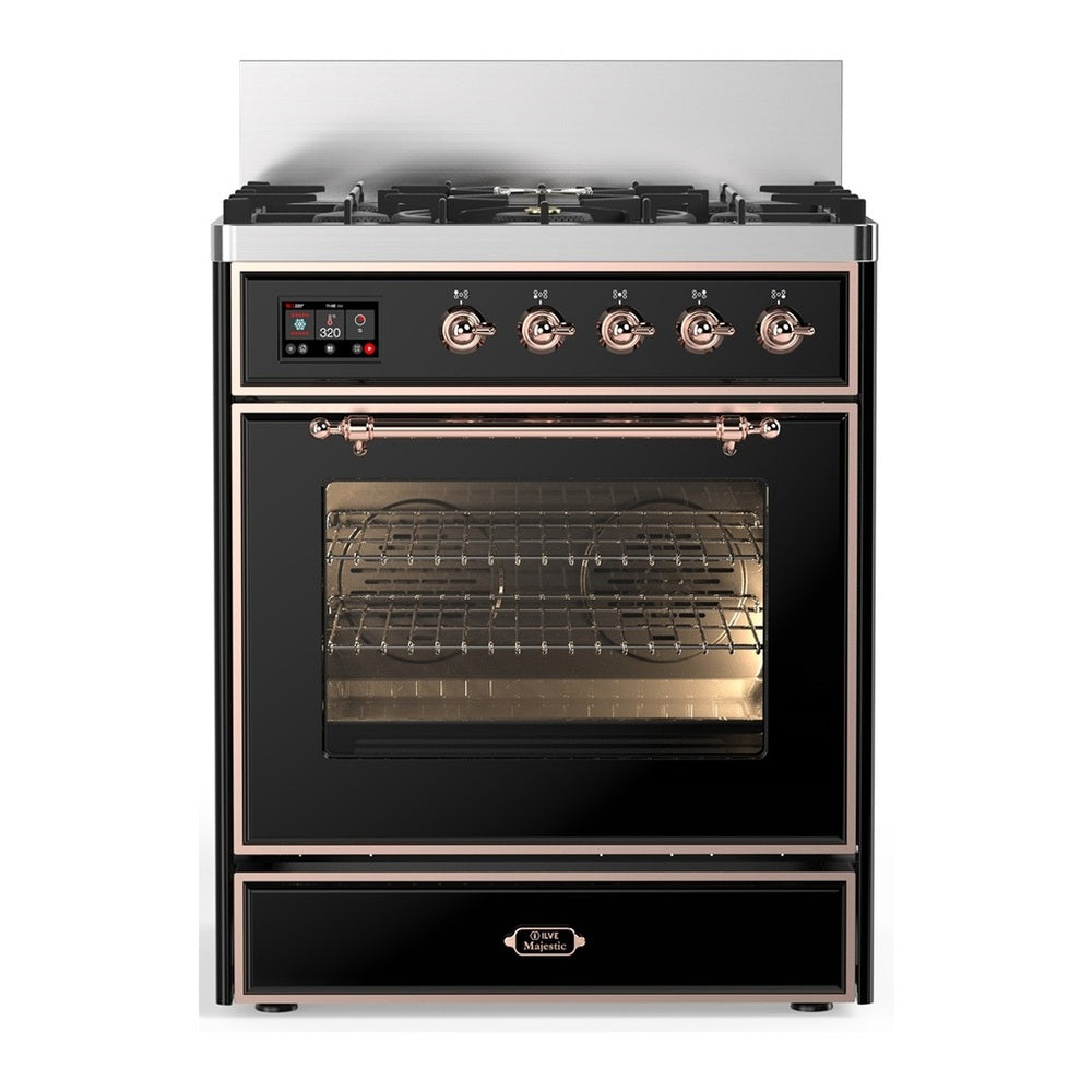 ILVE Majestic III 30" Glossy Black Dual Fuel Range with 5 Burners Triple Glass Door Liquid Propane