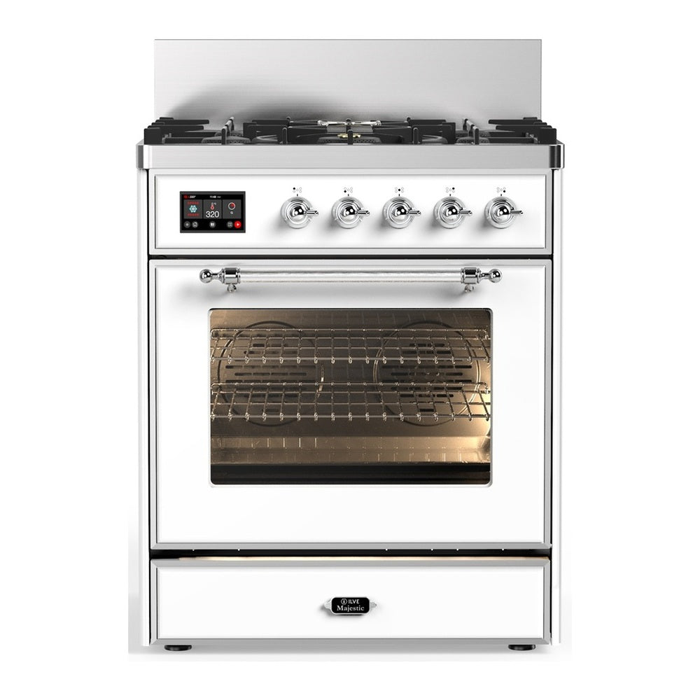 ILVE Majestic III 30" White Dual Fuel Range with 5 Burners Triple Glass Door Natural Gas
