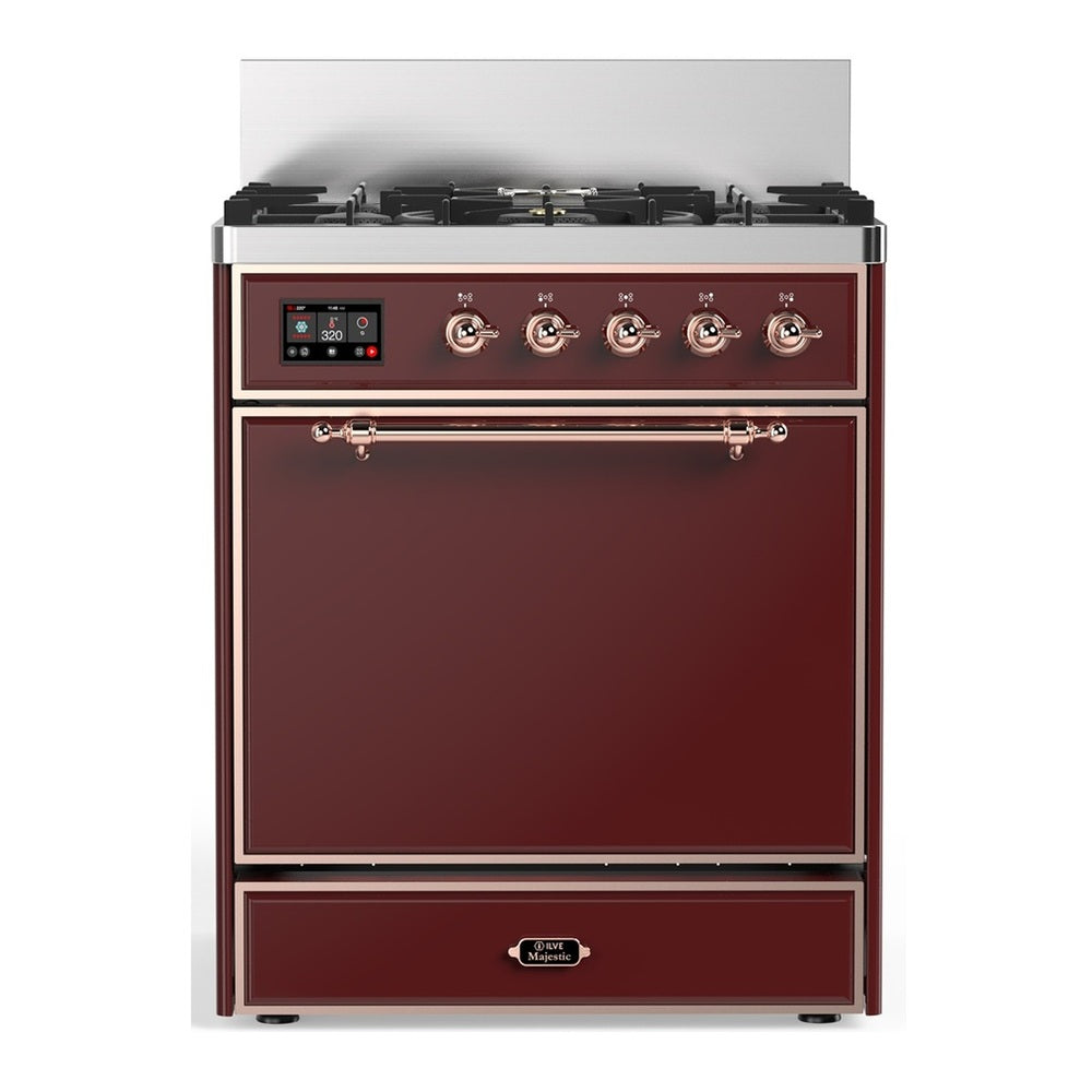 ILVE Majestic III 30" Burgundy Dual Fuel Range with 5 Burners Solid Door Natural Gas