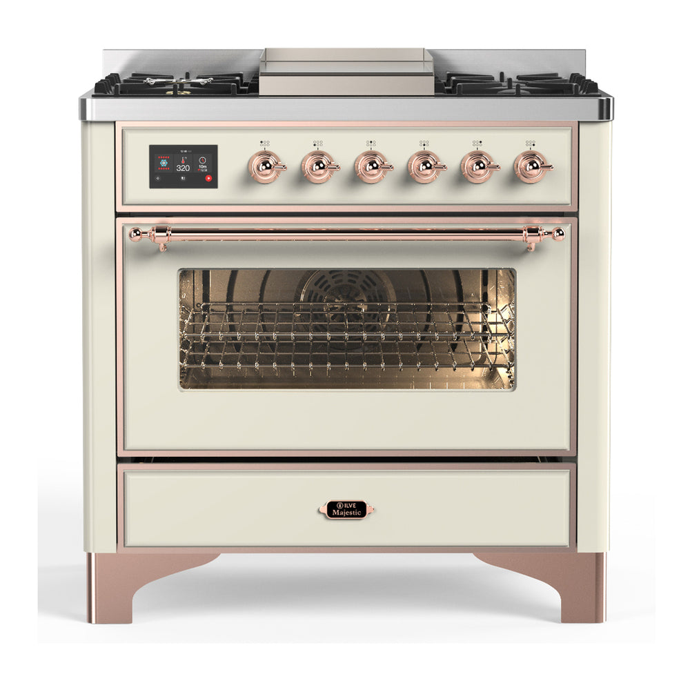 ILVE Majestic III 36" Antique White Dual Fuel Range with 6 Burners and Griddle Triple Glass Door Natural Gas