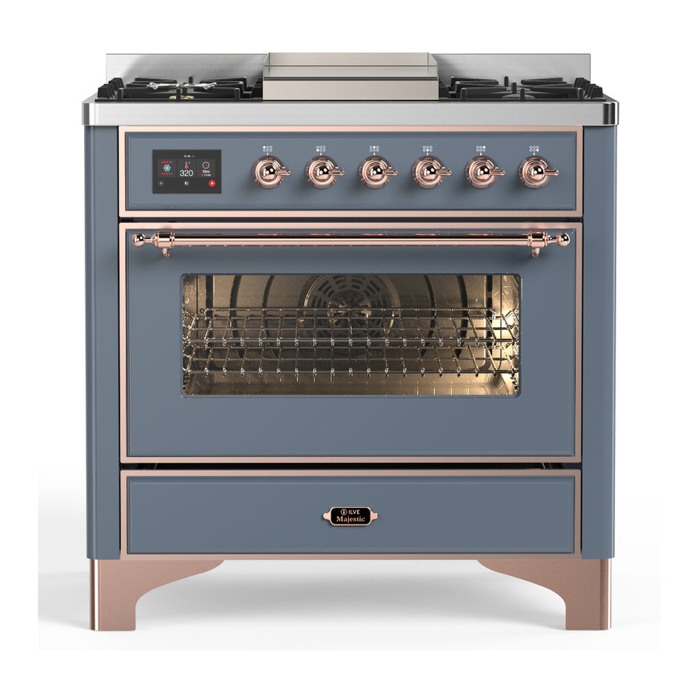 ILVE Majestic III 36" Blue Grey Dual Fuel Range with 6 Burners and Griddle Triple Glass Door Natural Gas