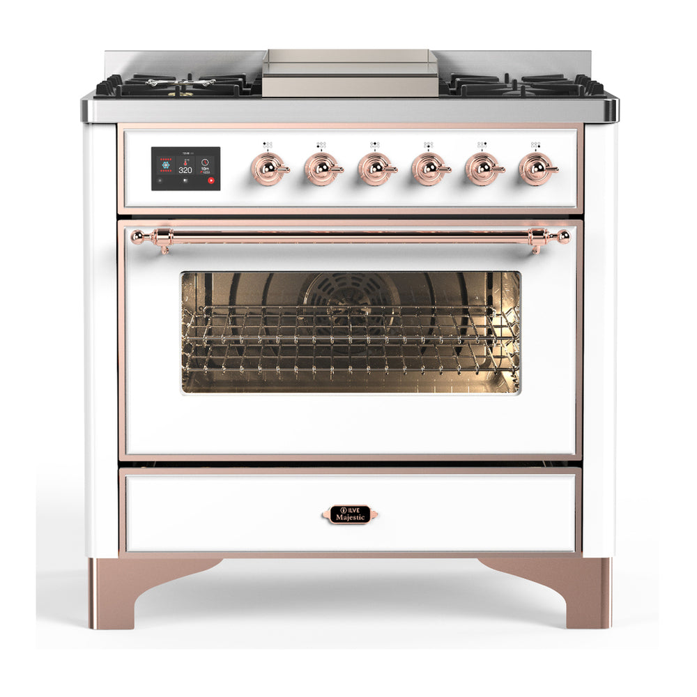 ILVE Majestic III 36" White Dual Fuel Range with 6 Burners and Griddle Triple Glass Door Natural Gas