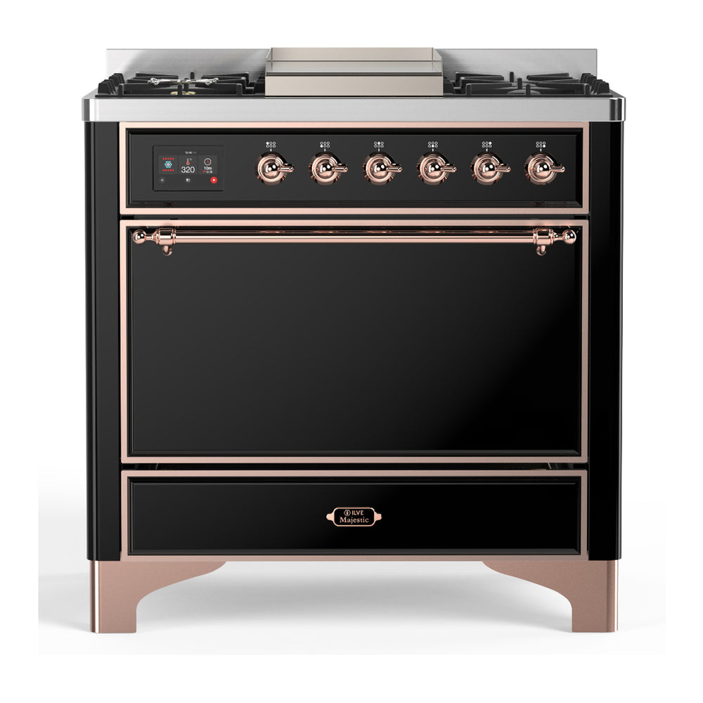 ILVE Majestic III 36" Glossy Black Dual Fuel Range with 6 Burners and Griddle Solid Door Liquid Propane