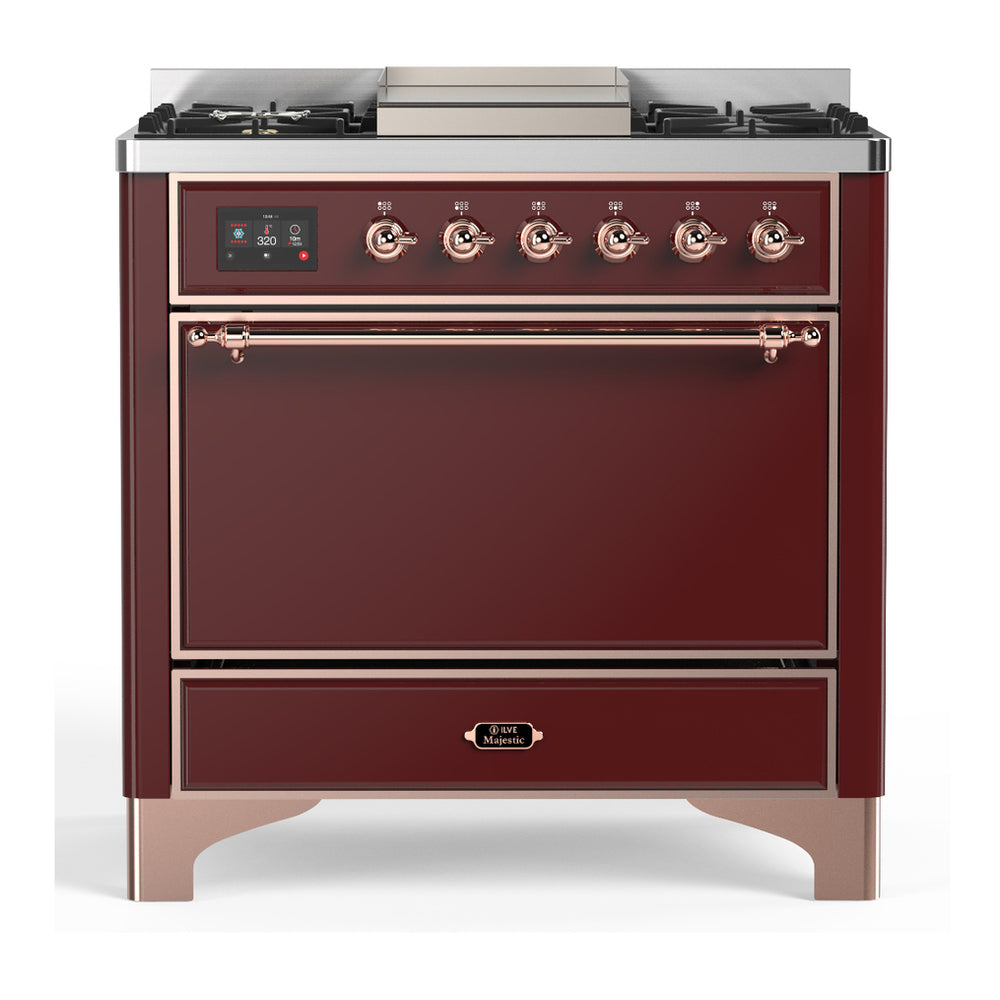 ILVE Majestic III 36" Burgundy Dual Fuel Range with 6 Burners and Griddle Solid Door Liquid Propane