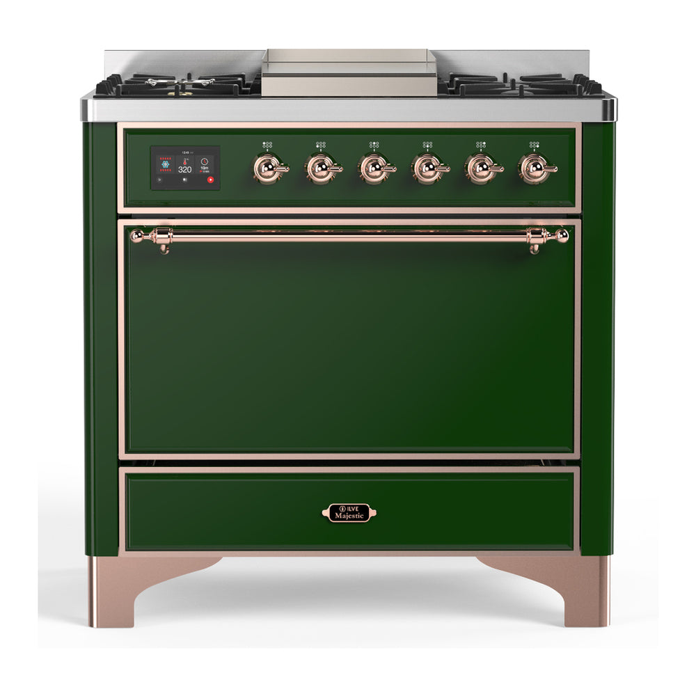 ILVE Majestic III 36" Emerald Green Dual Fuel Range with 6 Burners and Griddle Solid Door Natural Gas
