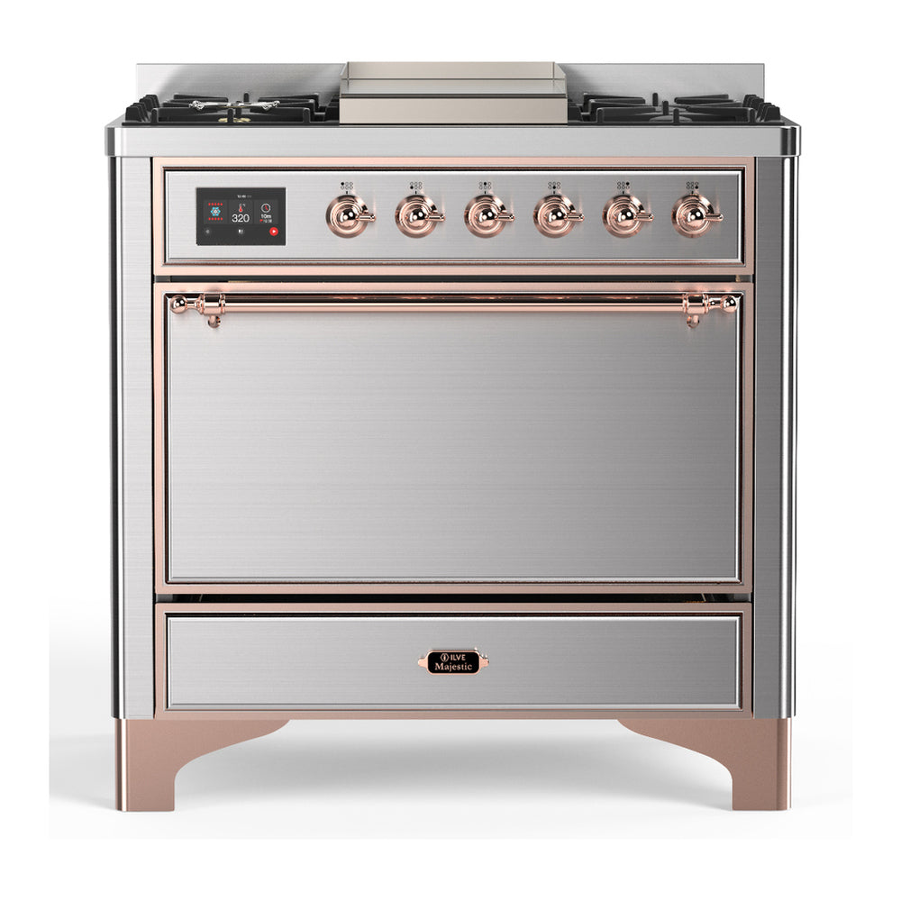 ILVE Majestic III 36" Stainless Steel Dual Fuel Range with 6 Burners and Griddle Solid Door Natural Gas