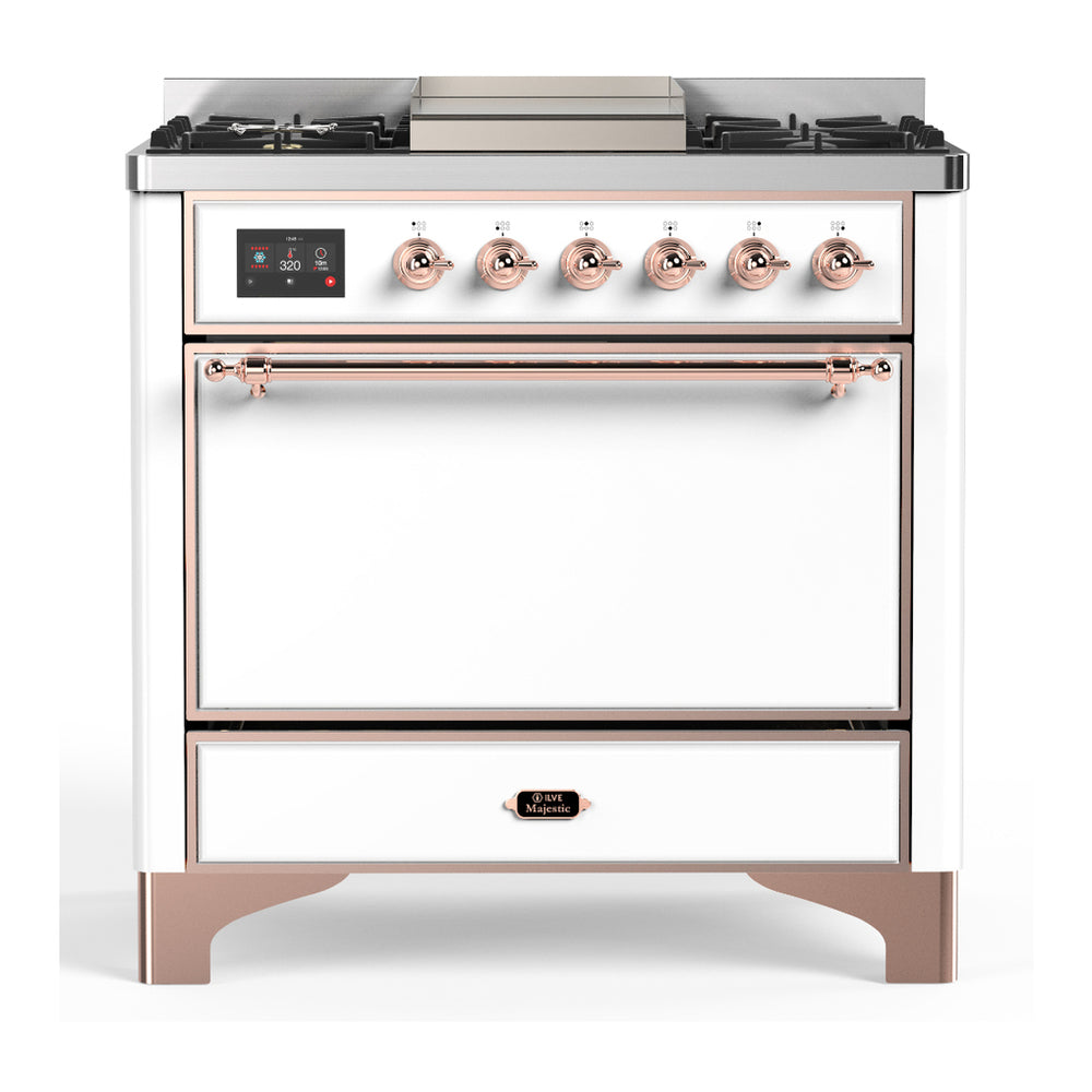 ILVE Majestic III 36" White Dual Fuel Range with 6 Burners and Griddle Solid Door Liquid Propane