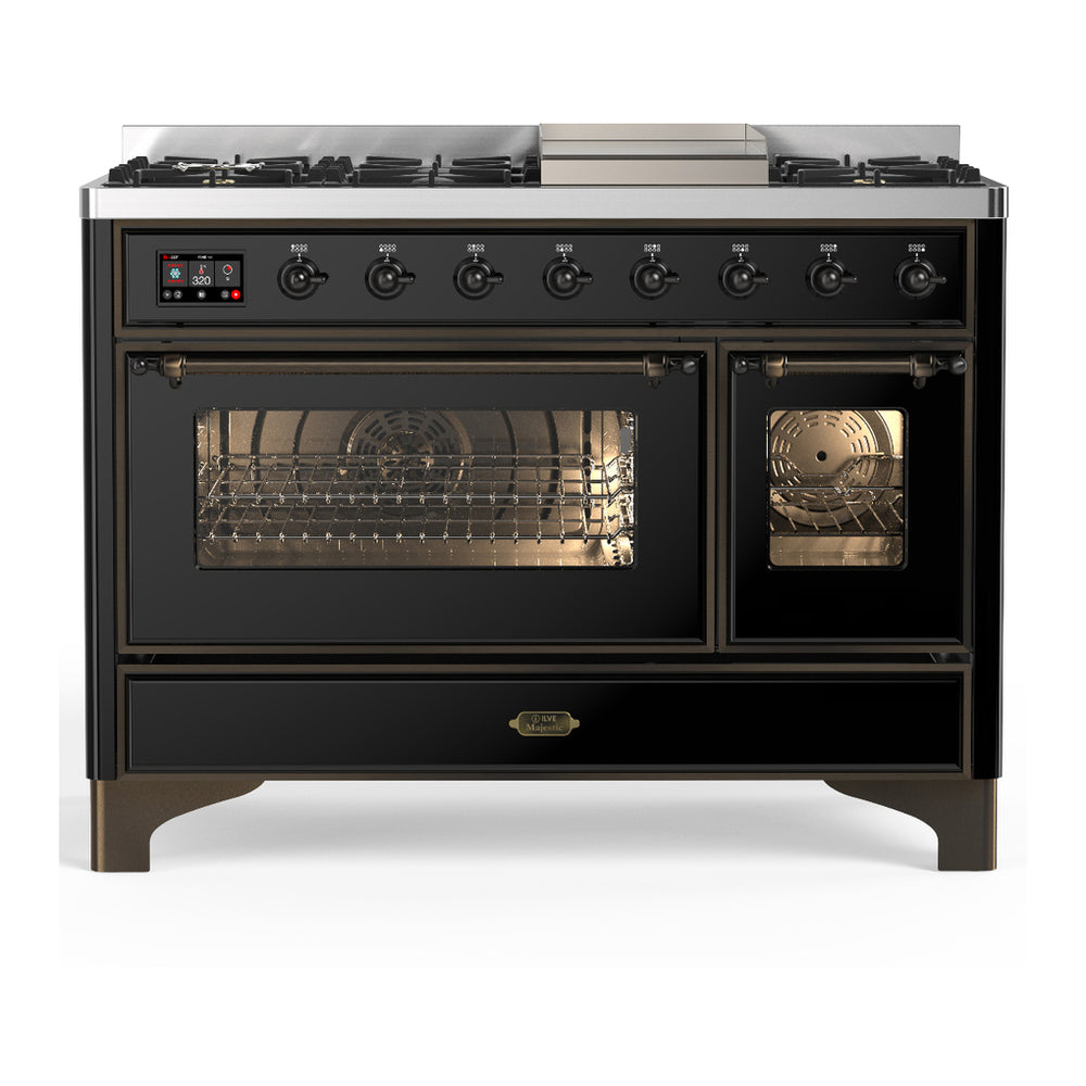 ILVE Majestic III 48" Glossy Black Dual Fuel Range with 8 Burners and Griddle Triple Glass Door Liquid Propane